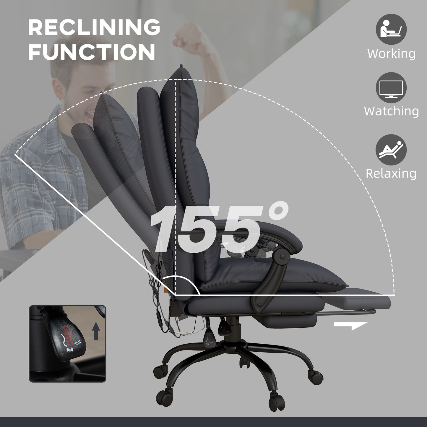 Executive Massage Office Chair with 6 Vibration Points, Microfiber Computer Desk Chair, Heated Reclining Chair with Footrest, Armrest, Double Padding, Charcoal Gray