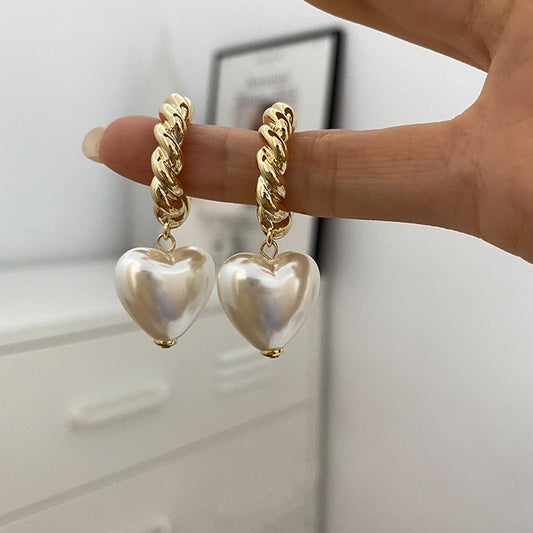 Korean-style Minimalist Twisted-pearl Heart Earrings For Women