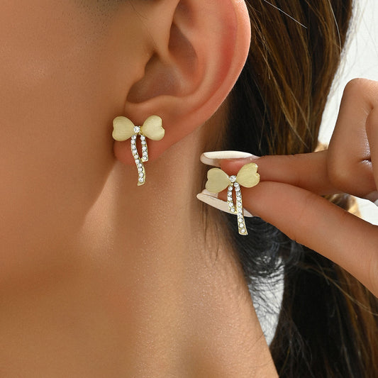 New Arrival Cross-border Japanese Korean Style Women Stud Earrings, Geometric Design Inlaid Synthetic Cat's Eye Stone, Bow Shape Versatile Daily Ear Jewelry For Ladies