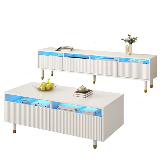 Modern LED Furniture Set Four-door TV Stand And Coffee Table With Two Drawers  White With Gold Design, LED Lighting, Wave Texture And Acrylic Fronts For A Stylish Living Style