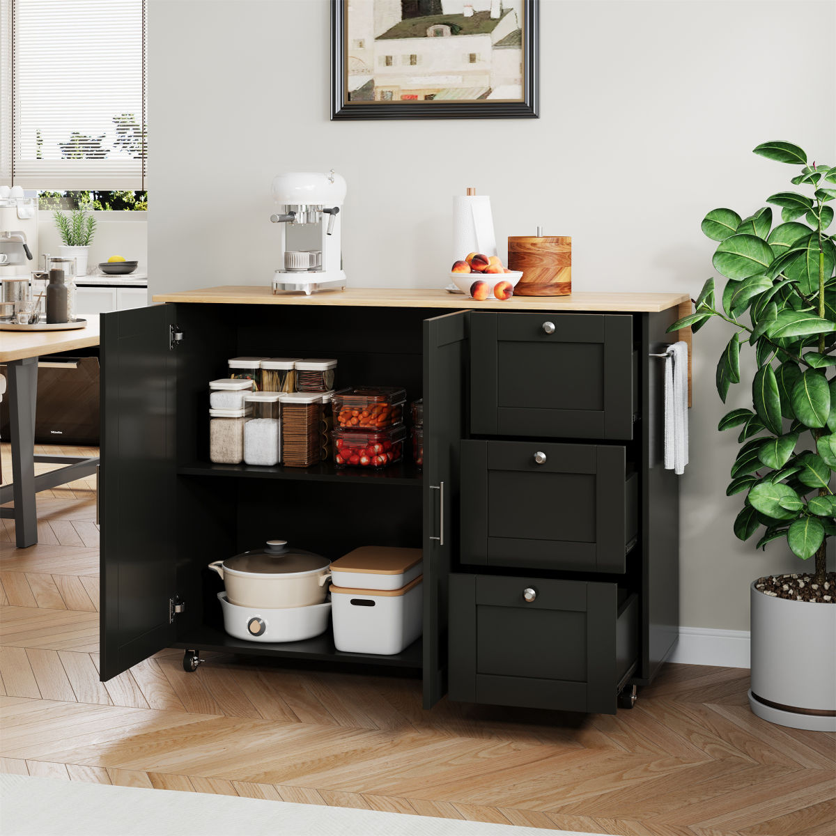 L135XW44  70XH90cm Large Mobile Kitchen Table, Oak Countertop, Folding Design, Multifunctional Cabinet, 3 Drawers, Towel Rail, Suitable For Kitchen, Dining Room, Home