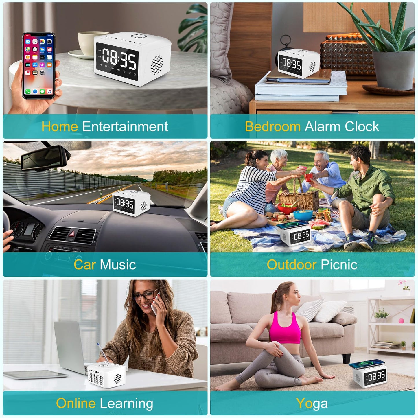 Alarm Clocks Bedside, Digital Alarm Clock Radio With Bluetooth Speaker, USB Charging Port, FM Radio, Universal Wireless Qi Charging, Dimmable LED Display, Dual Wireless Speaker For Home, Work