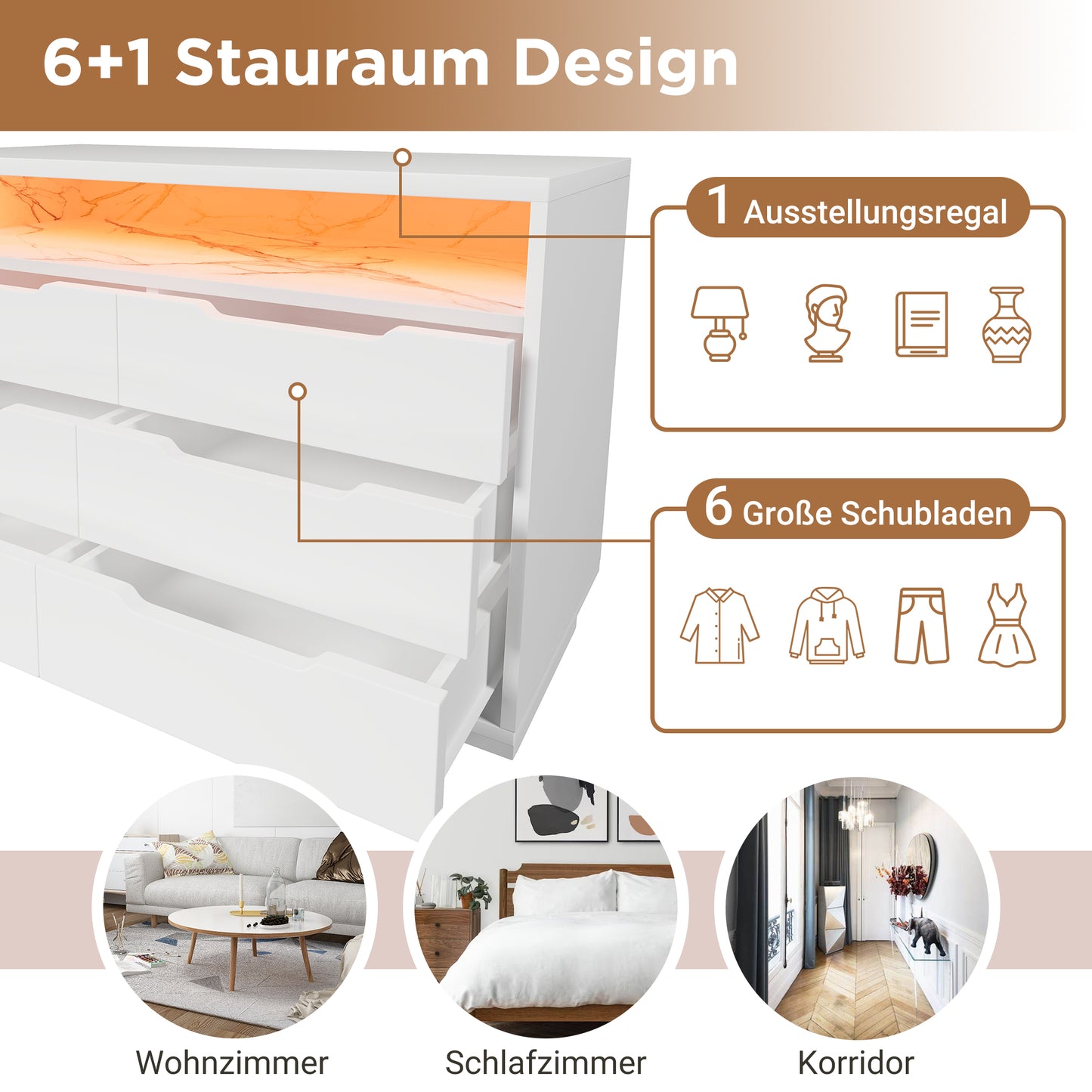Sideboard, Chest Of Drawers With LED Lighting And 6 Drawers, Storage Compartment With Marble Grain, Modern Wardrobe For Living Room And Bedroom, 120x40x85cm, White