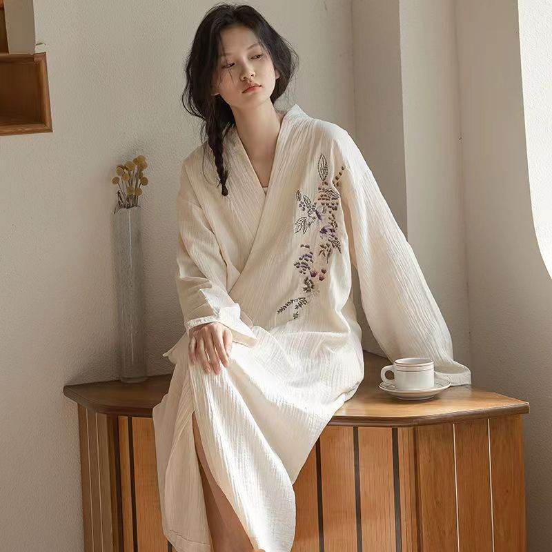Long Sleeve Sleepwear Loose Cotton Robe Sweet Home Wear Outdoor Use