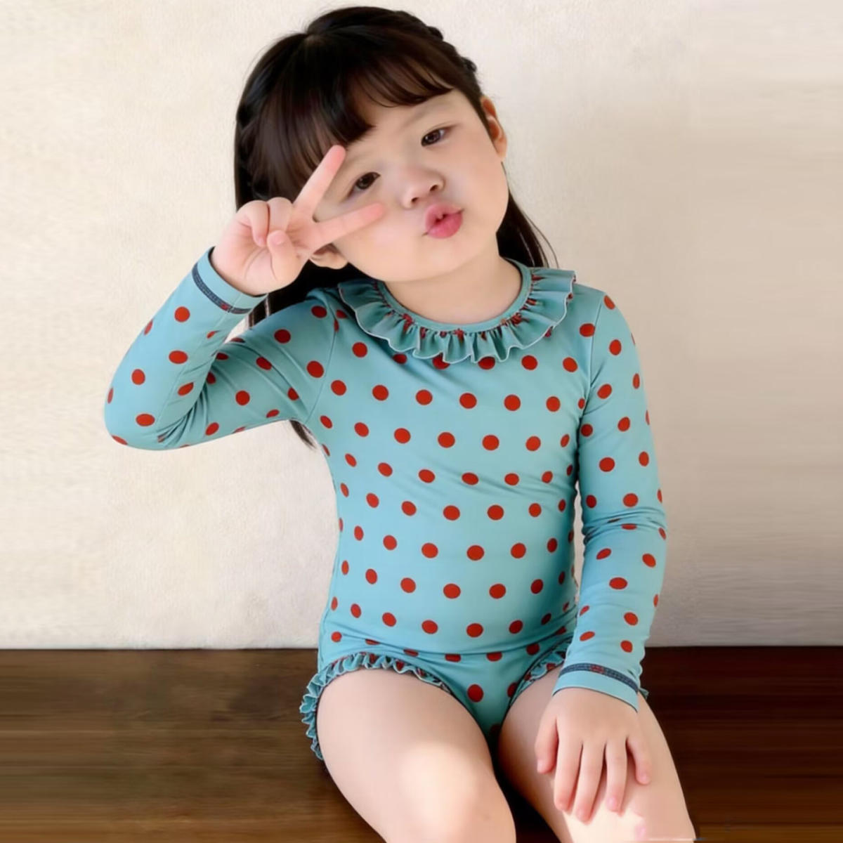New style Korean style Retro Polka dot Long sleeve One piece Swimsuit For Babies