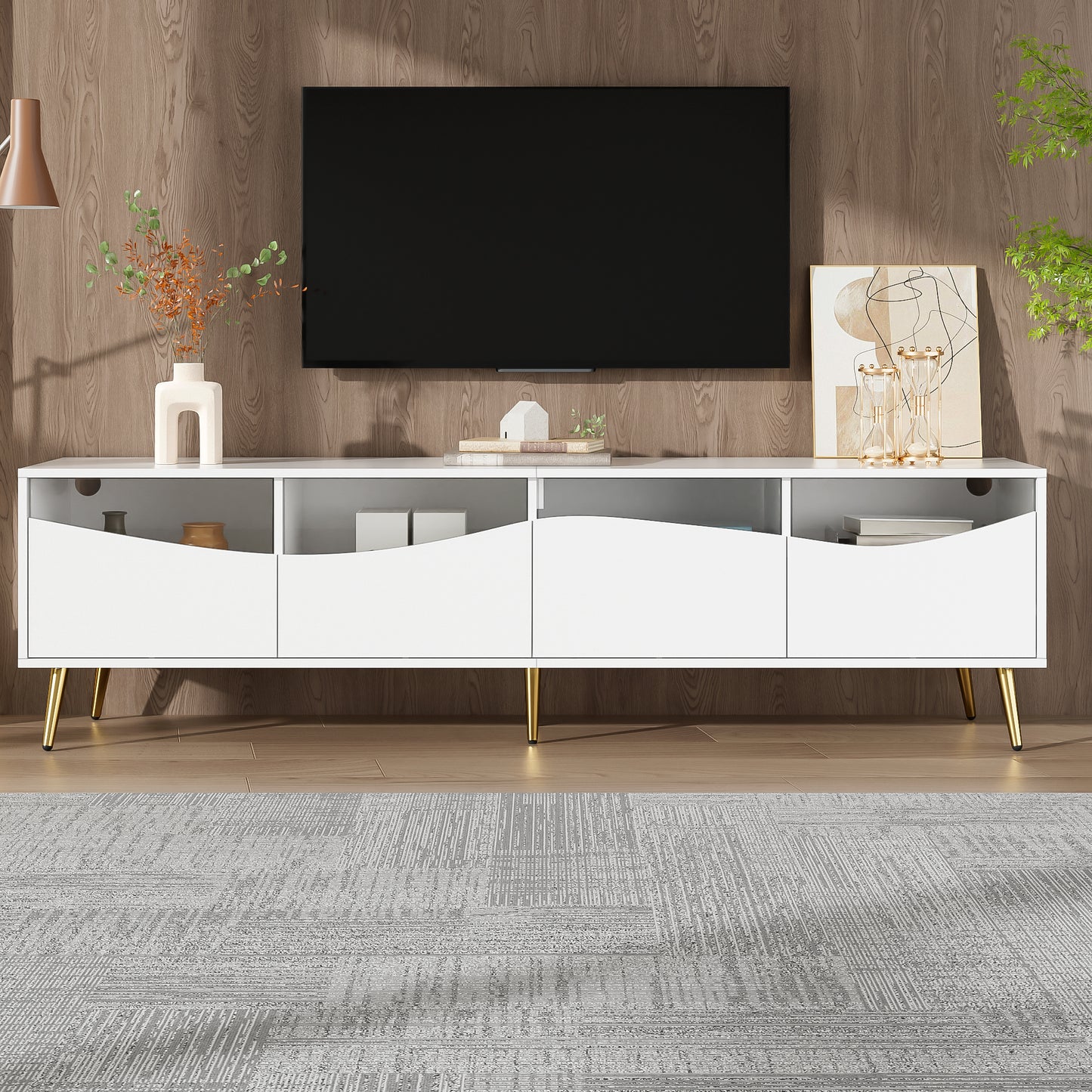 Modern TV Cabinet 180 X 40 X 50 Cm With LED Lighting, White Body, Golden Metal Feet, Glass Front & Storage Space  Stylish Lowboard For Living Room