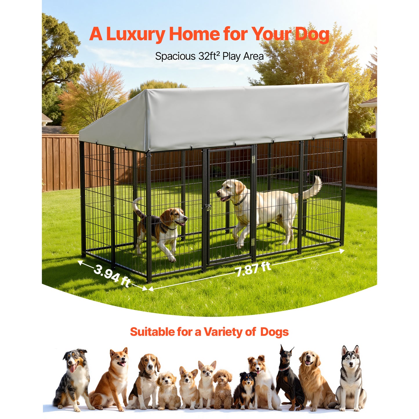 Outdoor Dog Kennel, 7.87 X 3.94 X 5.4 Ft Large Dog Kennel With Secure Lock, Outside Dogs Enclosures With UV-Resistant & Waterproof Roof Cover, Heavy Duty Pet Crate Cage Run For Large Dogs