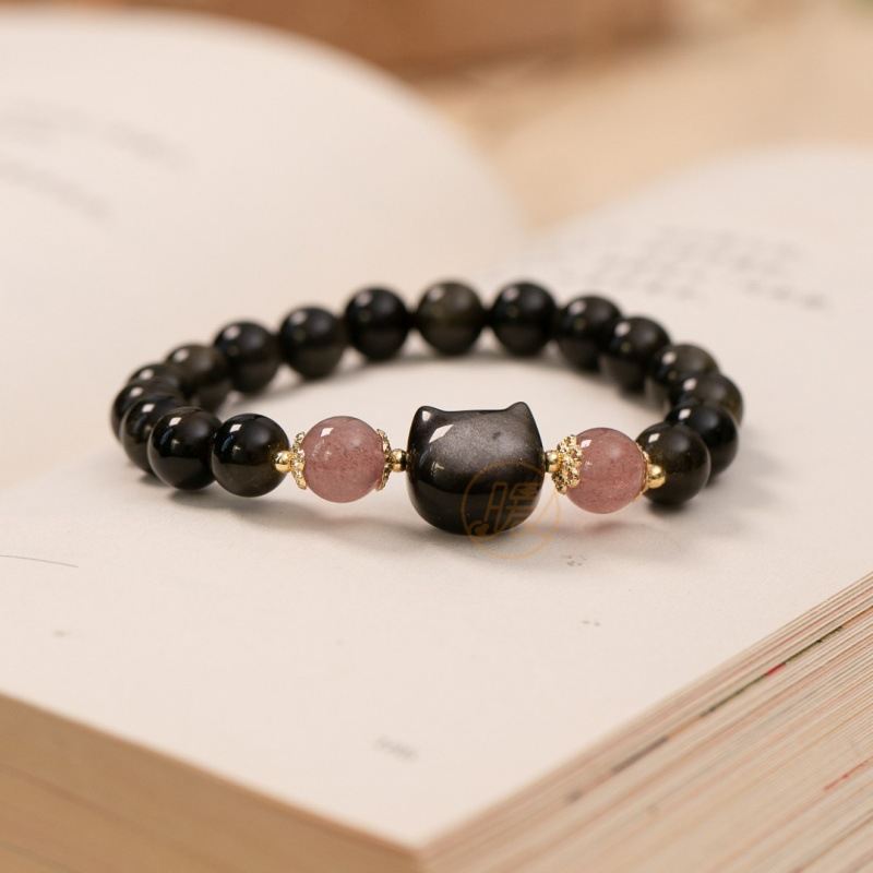 Single Circle Natural Obsidian 8mm Bracelet Paired With Kitten Accessories