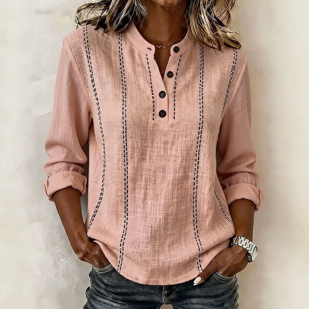 New Summer Loose Fitting Mandarin Collar Long-Sleeve Shirt