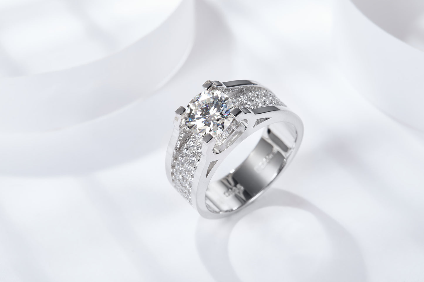 S925 Sterling Silver Wide Band Moissanite Ring, 1&2ct D-VVS1 Split Shank Pave Design, Platinum Plated US Sizes 5-9, GRA Certified Gift Box