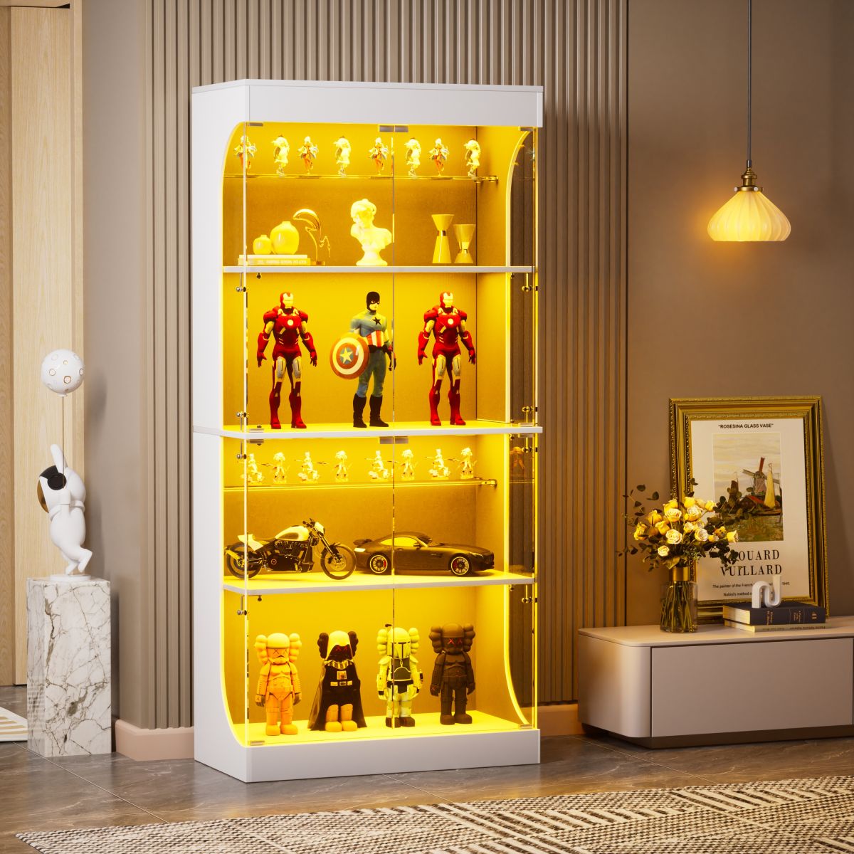 Four-storey Glass Display Case With Storage Space, LED Lighting, Glass Doors And Smart Sensors. Suitable As A Dustproof Glass Cabinet For Living Rooms, Bedrooms And Offices. White.80x35x165cm