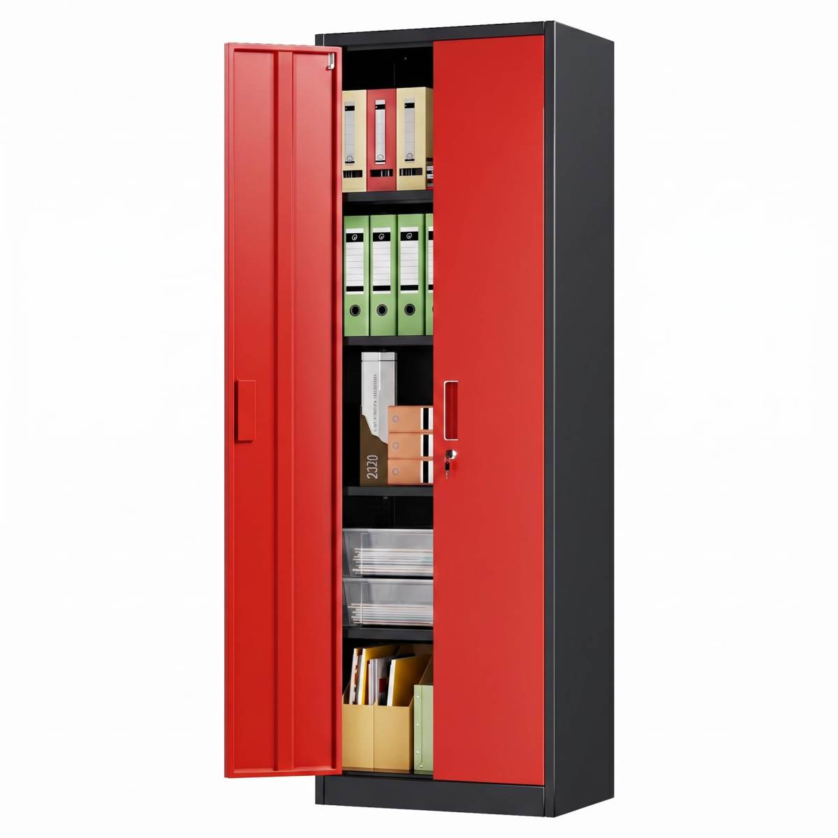 Metal Garage Storage Cabinet, Lockable Steel Storage Cabinet With 4 Adjustable Shelves For Garage, Office, Home, Assembly Required, Black & Red