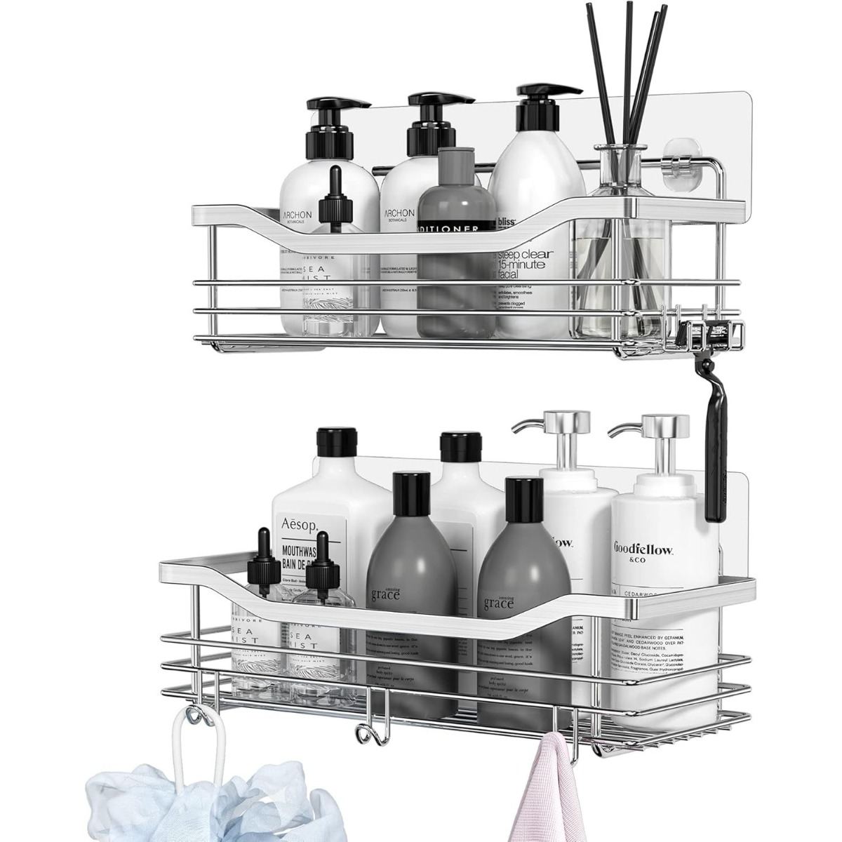 Shower Shelf With 5 Hooks; Shower Baskets For Bathroom, Kitchen, And Toilet; 2-Piece Shower Shelf Set (No Drilling Required); Stainless Steel