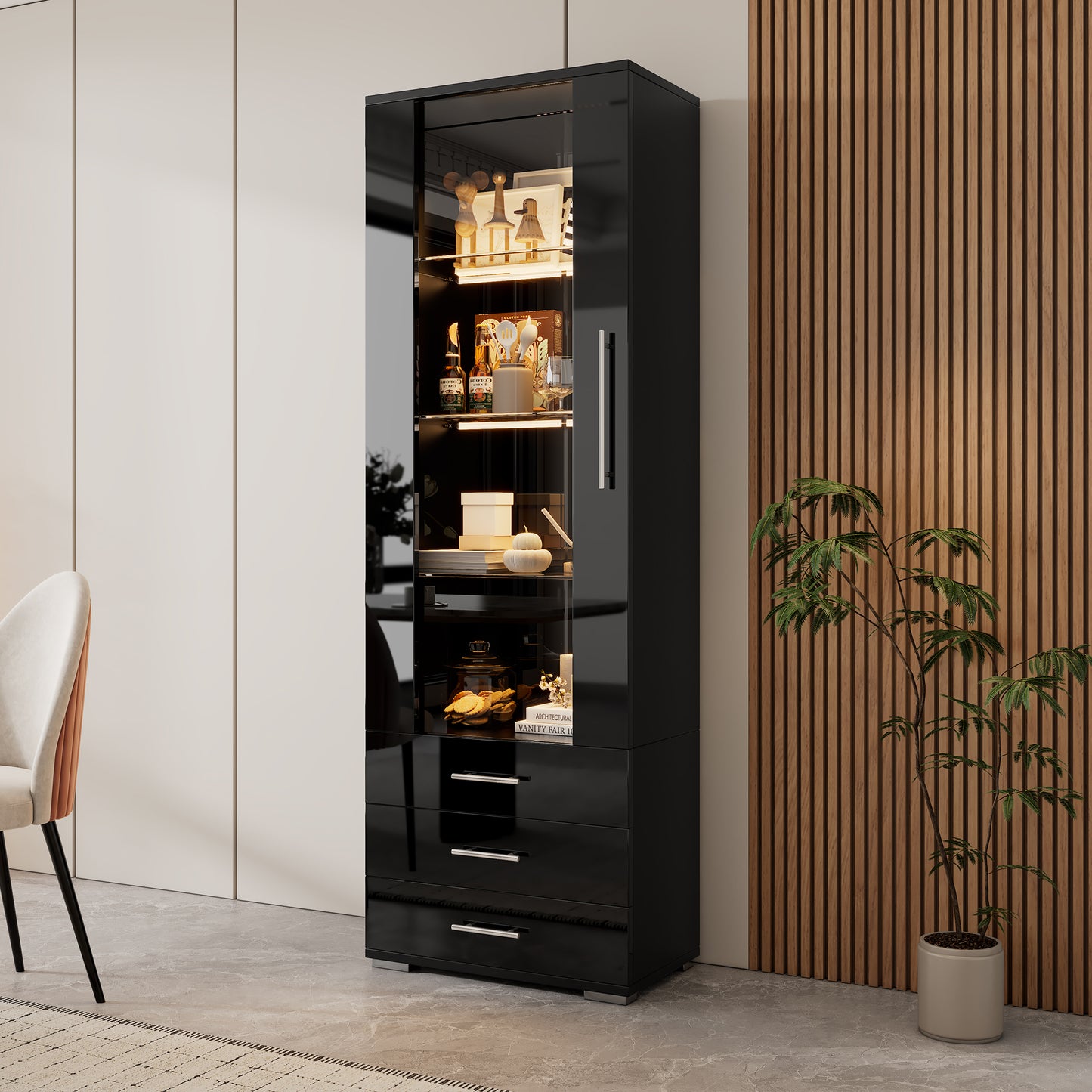 Black High Gloss Display Case, Display Cabinet Glass Display Case, Standing Display Case With LED Lighting, Vertical Display Case With 3 Drawers, 60x35x180cm