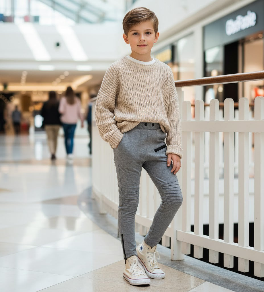Boys Slim Fit Grey School Trousers Kids Smart Casual Pants Elastic Waist 6-12Y