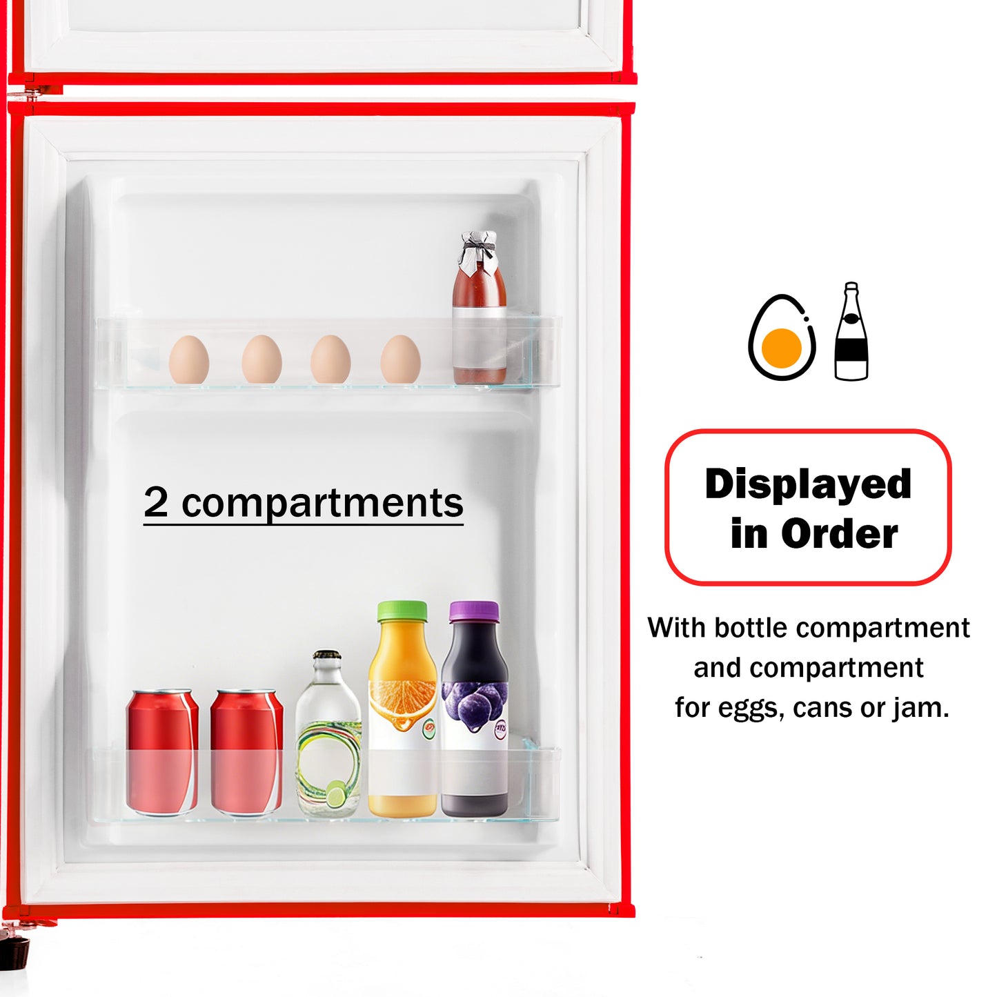 Retro Fridge. Freezer Combination. 88.8 Cm High, 45.5 Cm Wide, Two-door, With A Total Volume Of 60 Litres, A Freezer Volume Of 22 Litres. 102 KWh Year, -27 C  13 C, LED Light. Premium Red Energy Clas