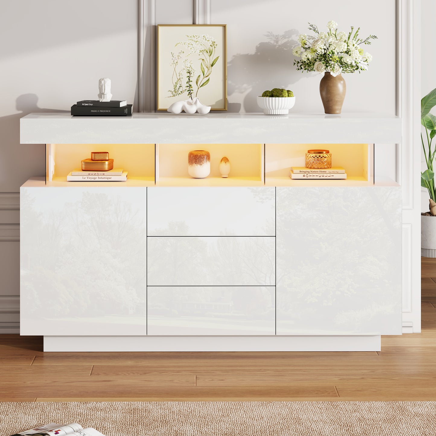 140 X 35 X 80 Cm Modern Sideboard, High-gloss Sideboard, Coffee Bar, Acrylic Sideboard With 16-color LED Light Strip, Suitable For Dining Room, Kitchen, Hallway White