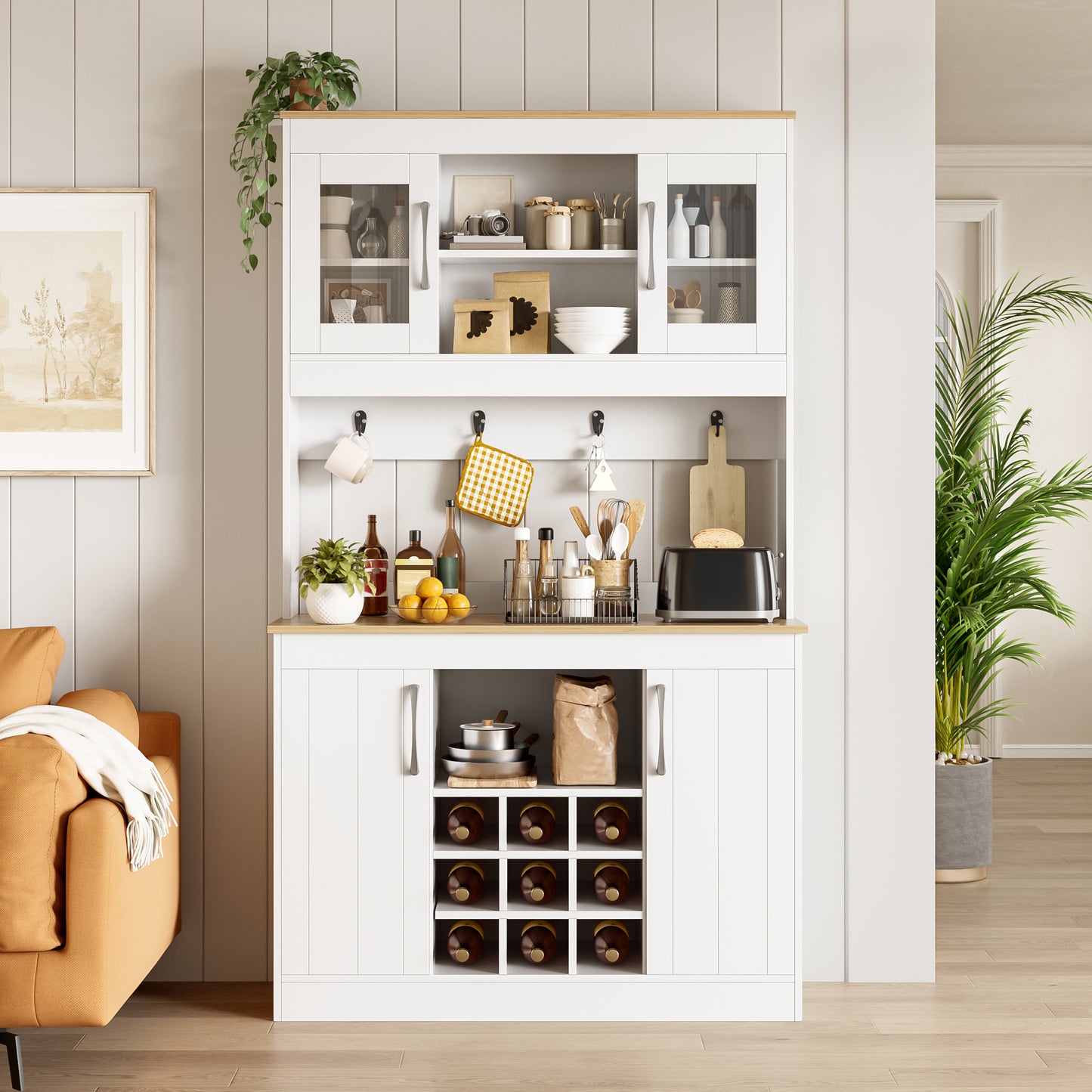 Kitchen Buffet Cabinet With Attachment 175 Cm, Kitchen Cabinet With Glass Doors, Wine Rack And Hook Rack, Large Dish Cabinet Pantry Cabinet Kitchen Cabinet For Kitchen Dining Room Living Room