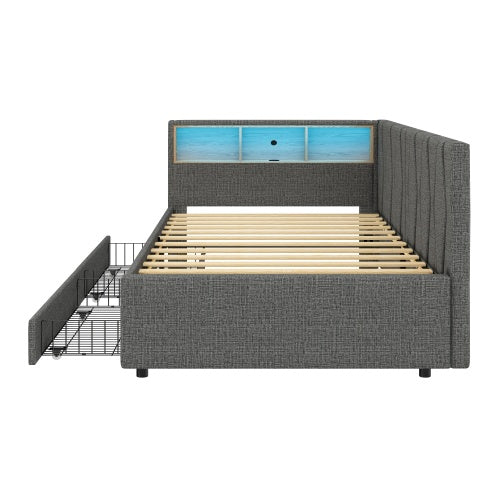 3ft Single Daybed With Two Storage Drawers, LED Modern Bed Frame With Charging Station, Linen Sofa Bed For Living Room Bedroom Study Room, 90X190cm, Easy Assembly, Grey