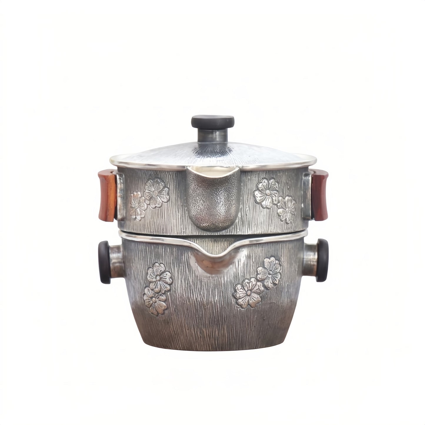 925 Sterling Silver Elegant  Floral-Engraved Cooking Pot with Wooden Handles-Fine Tea Dispenser - Handicraft