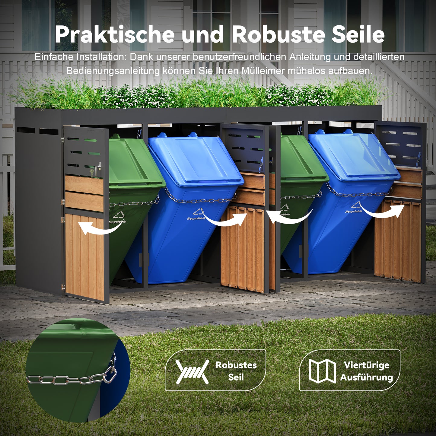Multifunctional Outdoor Cabinet With Integrated Plant Box, Slat Ventilation, Four Separate Compartments, Galvanized Steel Frame And Safety Chain  For Storage & Garden Decoration  Without Waste Bin