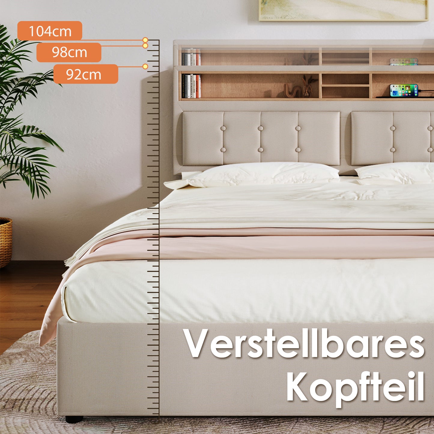 Upholstered Bed Double Bed With USB C Socket Charging Function Headboard, Storage Beds Bed Frame Made Of Linen Material Youth Bed 160x200 With Slatted Base Without Mattress