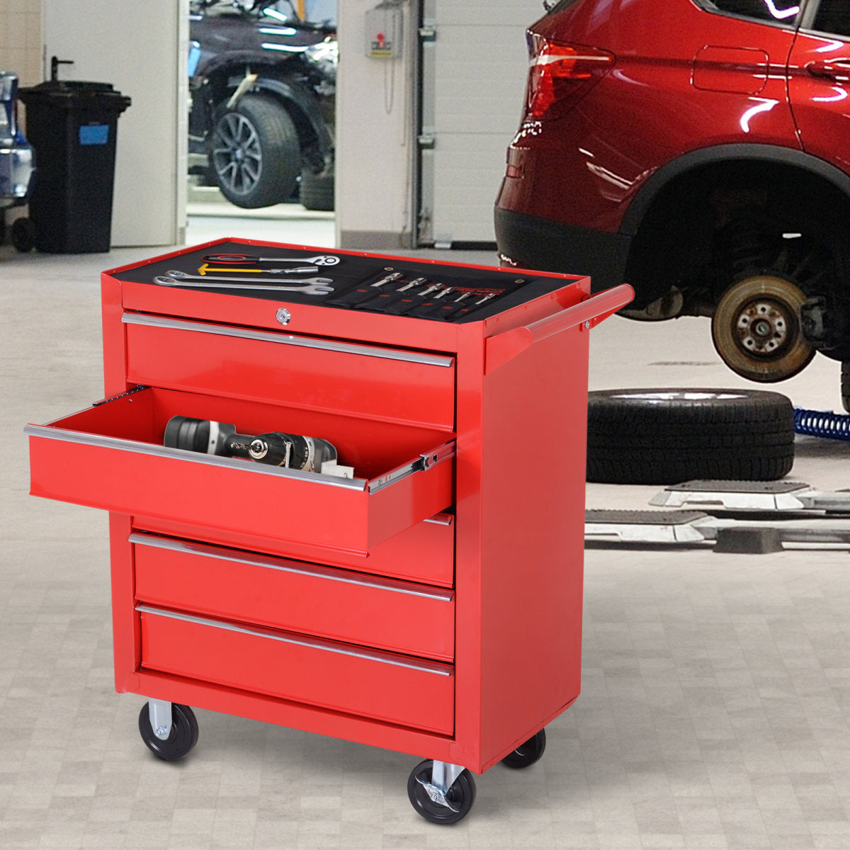 DURHAND 5-Drawer Lockable Tool Storage Cabinet With Wheels, Handle, 2 Keys, Steel Home Work DIY Workshop Chest, Garage Equipment Trolley, Red