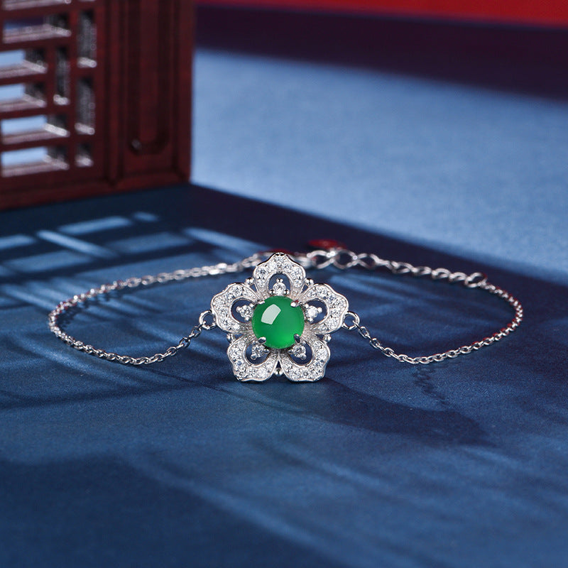 S925 Sterling Silver Flower Clover Bracelet, 6mm Round Green Chrysoprase, Platinum Plated 19cm Adjustable Chain, 2.4g Elegant Women's Jewelry Gift Box