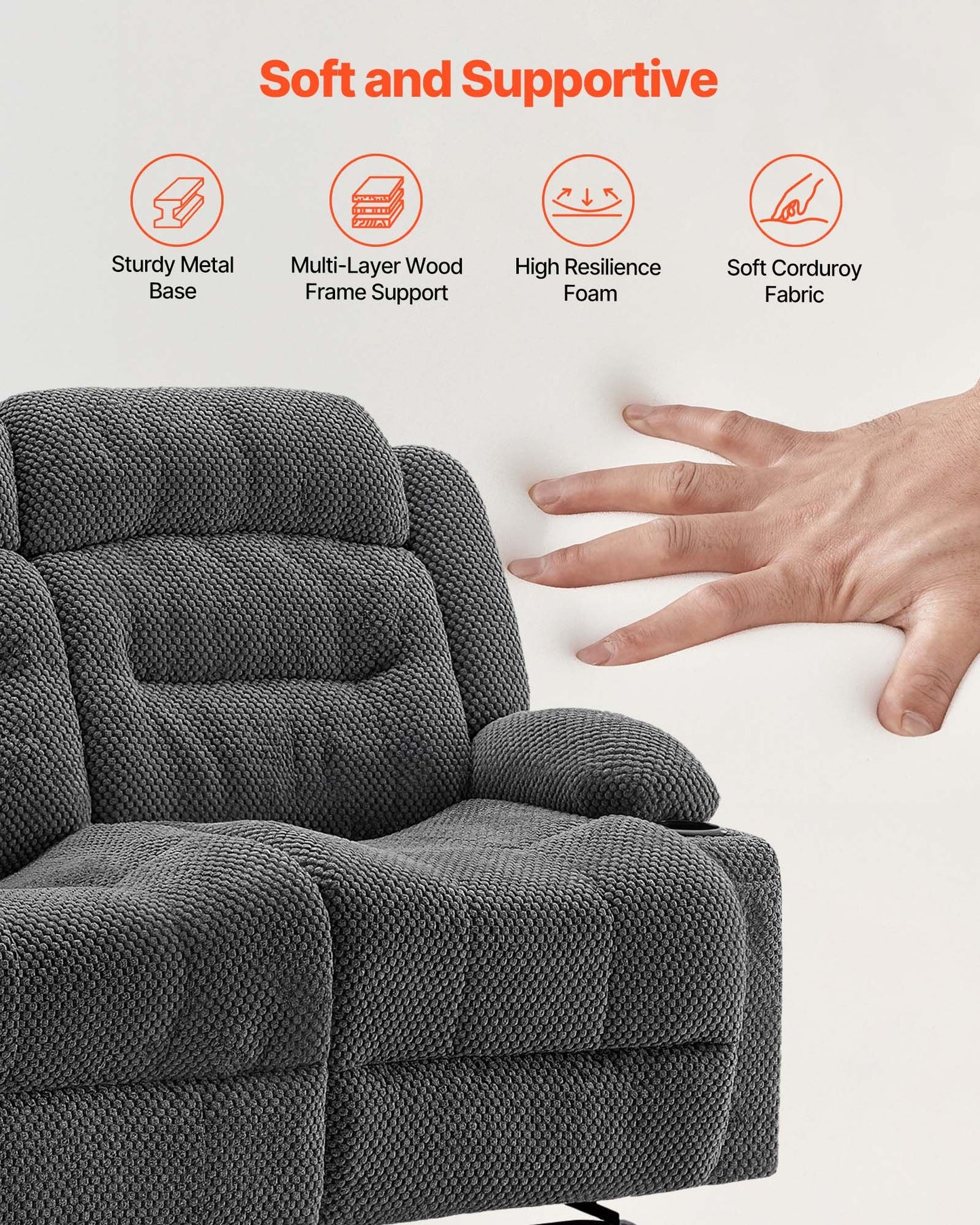 Loveseat Recliner Sofa, Manual Reclining Couch With Heating And Massage, Soft Corduroy Recliner Sofa With USB Ports, Cup Holders And Side Storage Bags, Dual Loveseat Chair For Living Room, Grey
