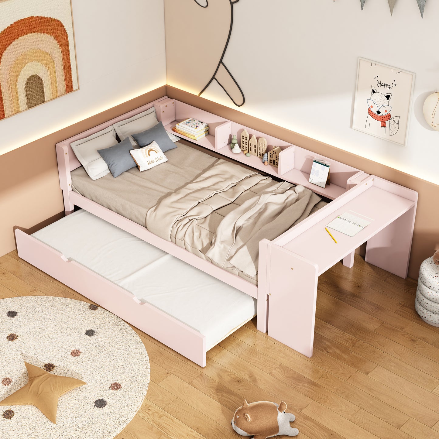 90x200cm, Flat Bed, With Pull-out Bed, With Desk, Three Shelves On The Side Of The Bed, P Ink