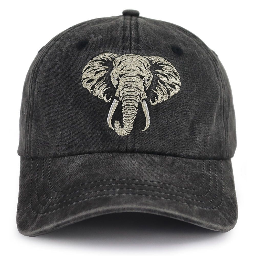 2pcs Vintage Washed Cotton Baseball Cap, Embroidered African Elephant Head Dad Hat Outdoor Summer Casual Sun Hat