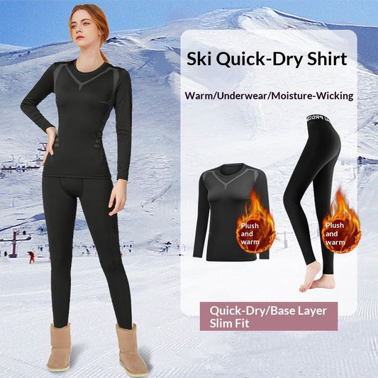 Women's Outdoor Skiing Yoga Fitness Set - Long Sleeve Athletic Top and Leggings for Winter Sports Training
