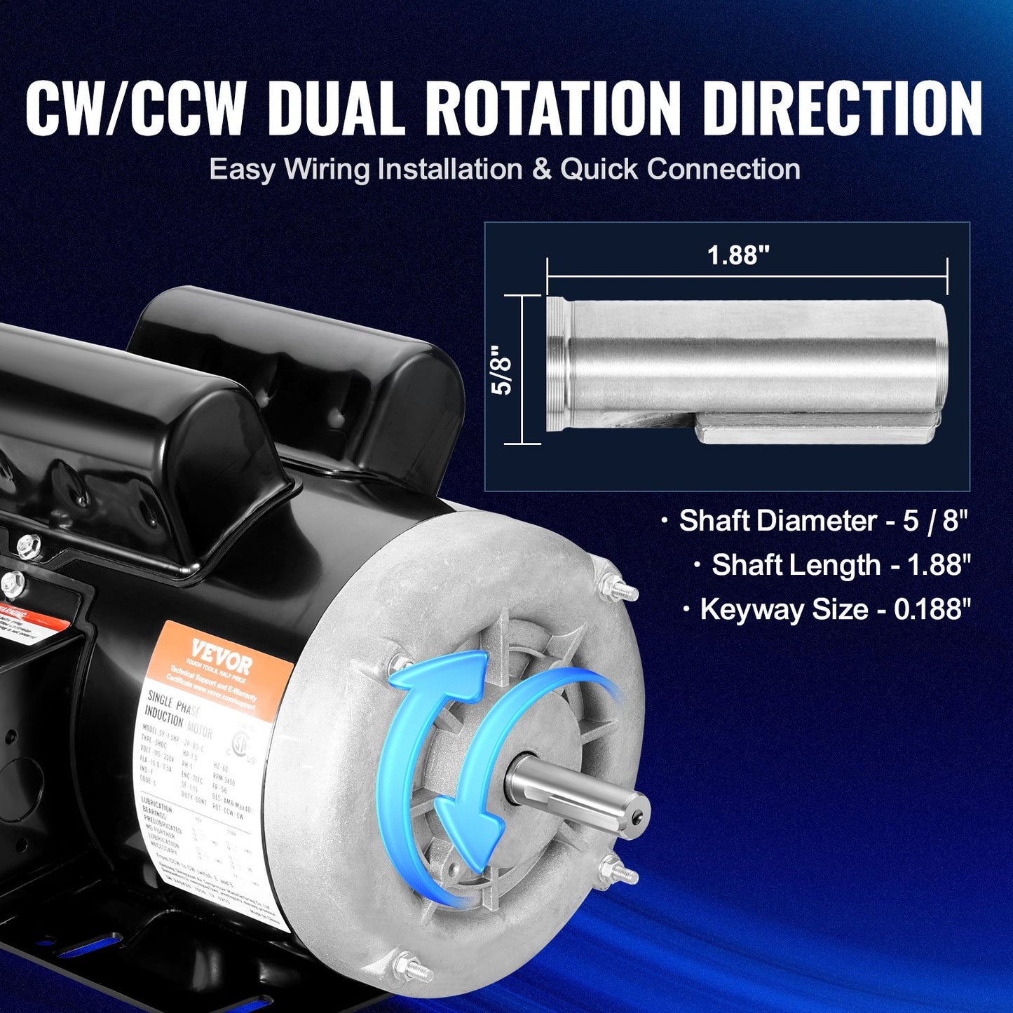 1.5HP Electric Motor 3450 Rpm, AC 115V/230V, 56 Frame, Air Compressor Motor Single Phase, 5/8' Keyed Shaft, CW/CCW Rotation For Agricultural Machinery And General Equipment