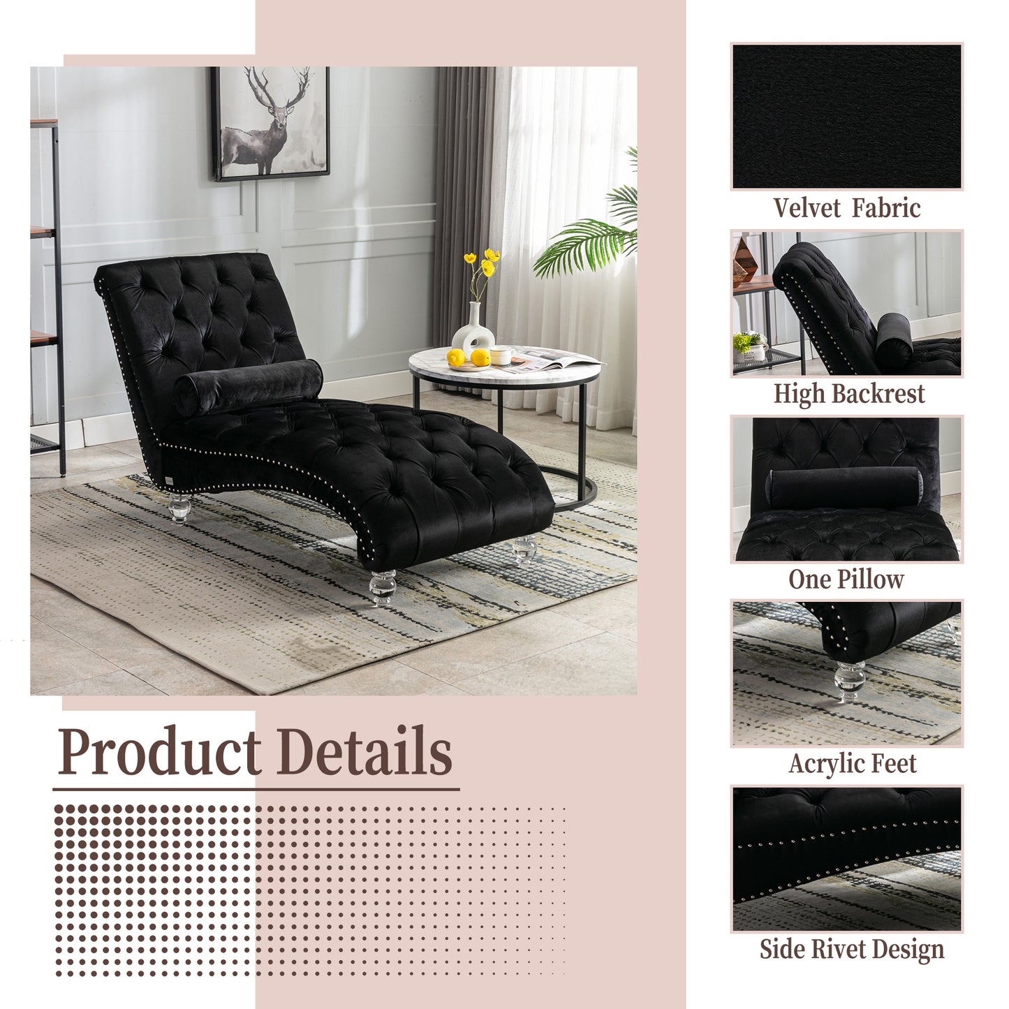 Velvet Chaise Lounge Indoor,Button-Tufted Upholstered Chaise Lounge Chair With Pillow For Bedroom Living Room Office  Black Velvet
