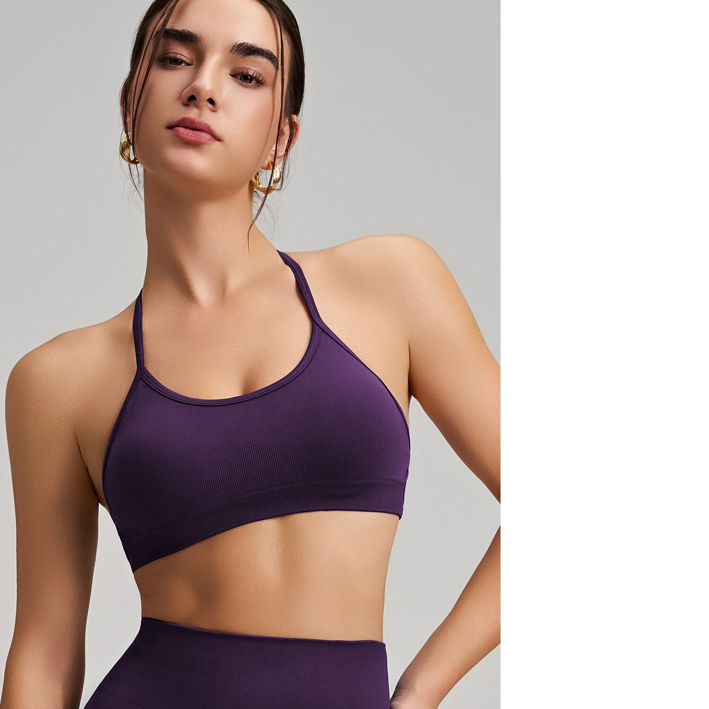 Women's Seamless Thin Strap Cross Back Yoga Outfit Set, Quick-Dry Tight Sports Fitness Bra For Running