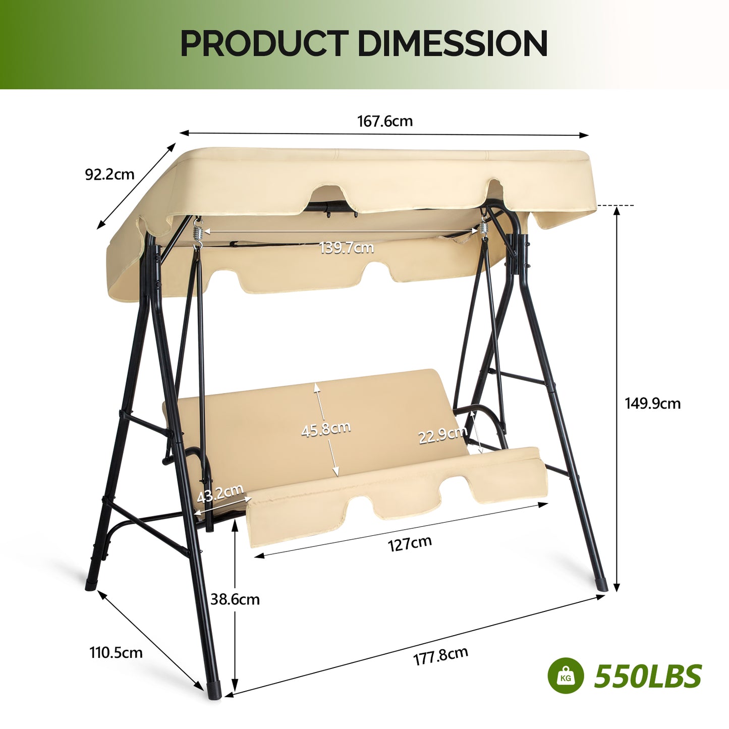 Outdoor Patio Swing Chair Set With Canopy, 3-Person Iron Frame Swing With Soft Cushions, 550lbs Capacity, Oxford Fabric, Khaki, Easy Assembly