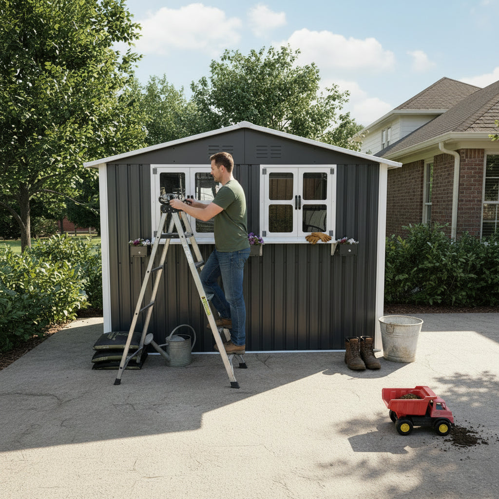 9x6 FT Outdoor Metal Storage Shed With Window & Flower Rack, Lockable Double Doors Tool Shed, Waterproof Weatherproof Garden Shed For Patio, Gray