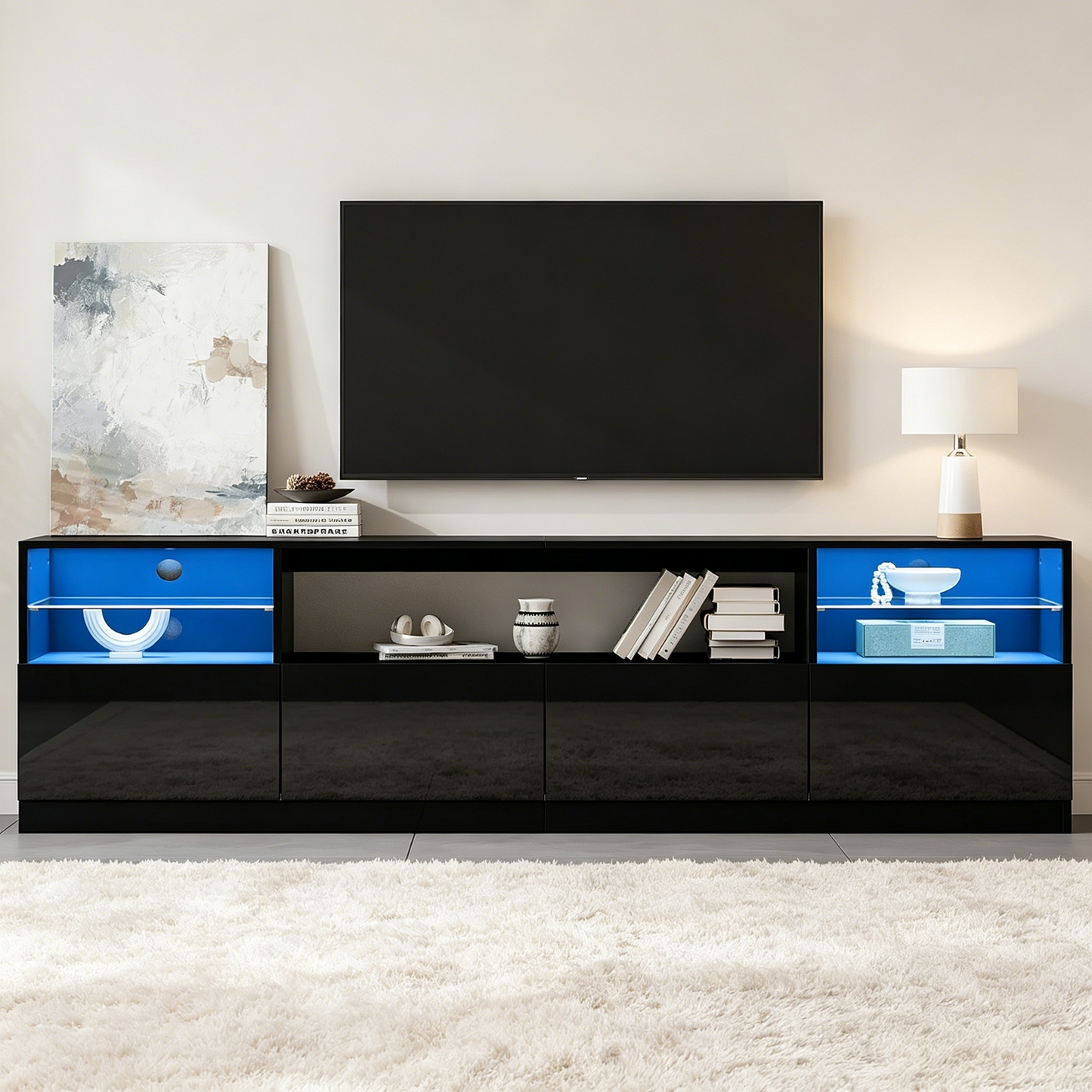 TV Cabinet With LED Lighting, Open Cabinet, 4 Hinged Doors, 8 Storage Spaces, Black High-gloss Cabinet, TV Stand For TVs Up To 75 Inches, TV Lowboard For Living Room, Dining Room, 180 X 35 X 60 Cm