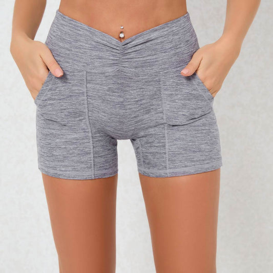 European And American Skinny Hip Raise Yoga Shorts Front Waist Pleated Pocket