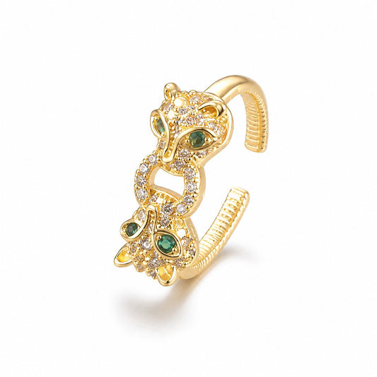 Luxury Hollow Fox Shape Paved White CZ Emerald Green Eyes Open Adjustable Ring For Women, Copper Gold Plated Animal Statement Party Stackable Jewelry Gift