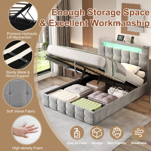 4ft6 Double Upholstered Bed Frame With Hydraulic Storage, Velvet Ottoman Bed With LED Lighting And Charging Station, Double Bed With Adjustable Button Tufted Headboard, Beige