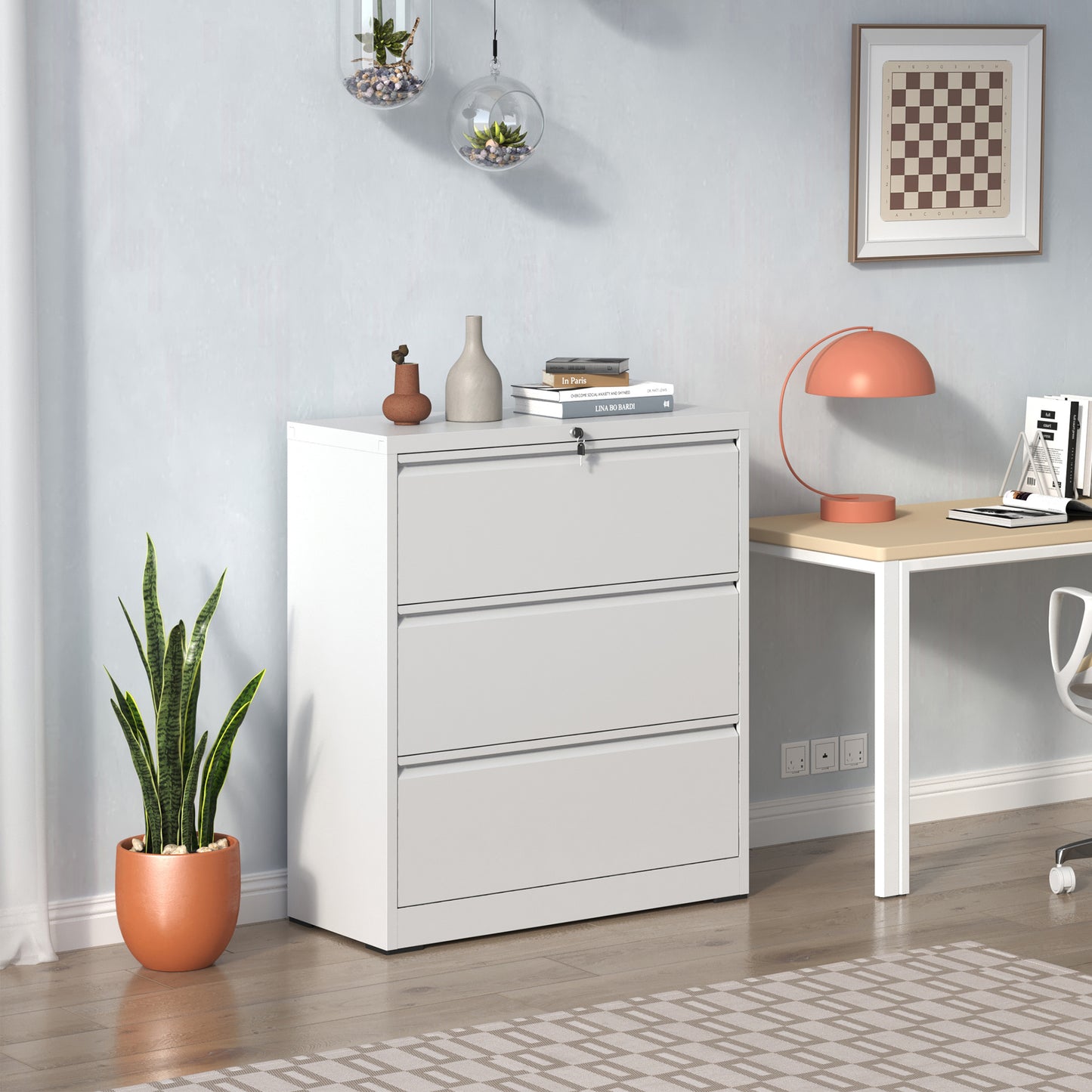Lateral File Cabinet 3 Drawer, White Filing Cabinet With Lock, Lockable File Cabinet For Home Office, Locking Metal File Cabinet For Legal Letter A4 F4 Size