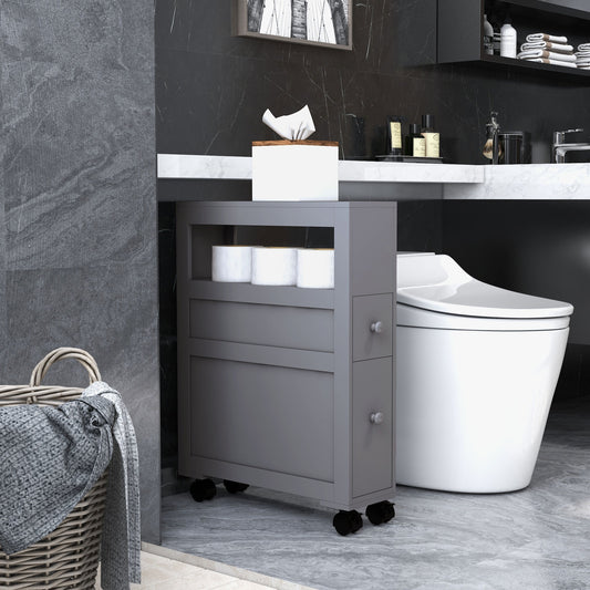 Space Saving Narrow Bathroom Storage Cabinet, Bath Toilet Paper Holder with Drawers and Rolling Wheels, Gray