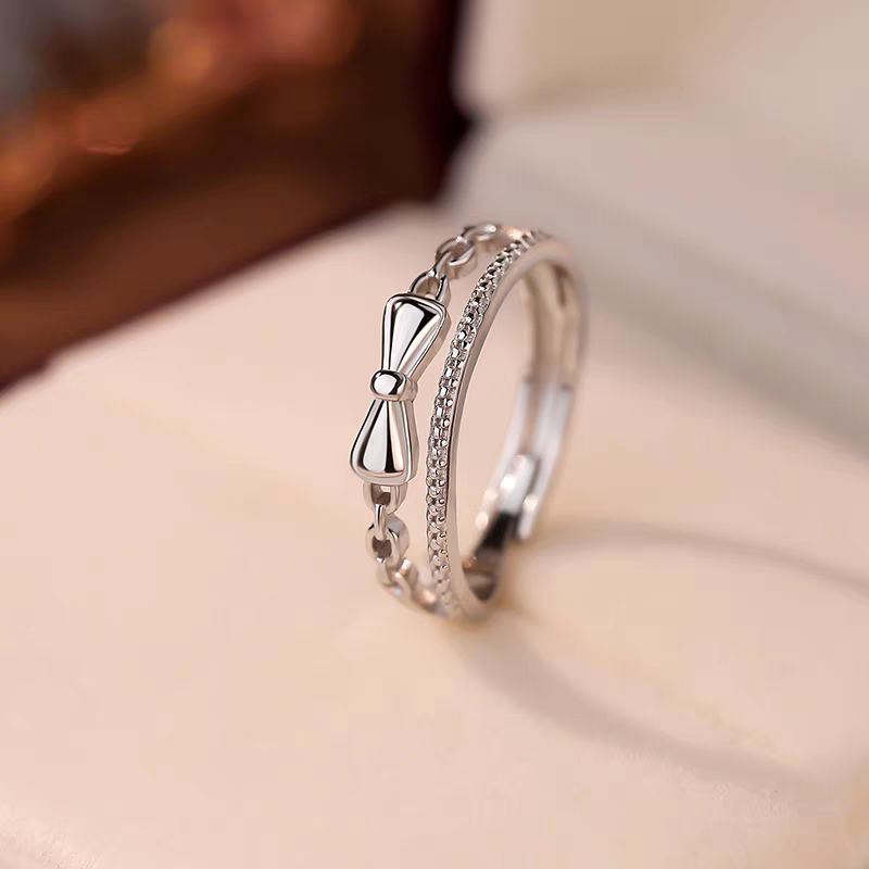 1pc 999 Sterling Silver Double Layer Bow Open Ring, Sweet & Elegant, Perfect For Daily, Dating & Gifting, Ideal Valentine's Gift
