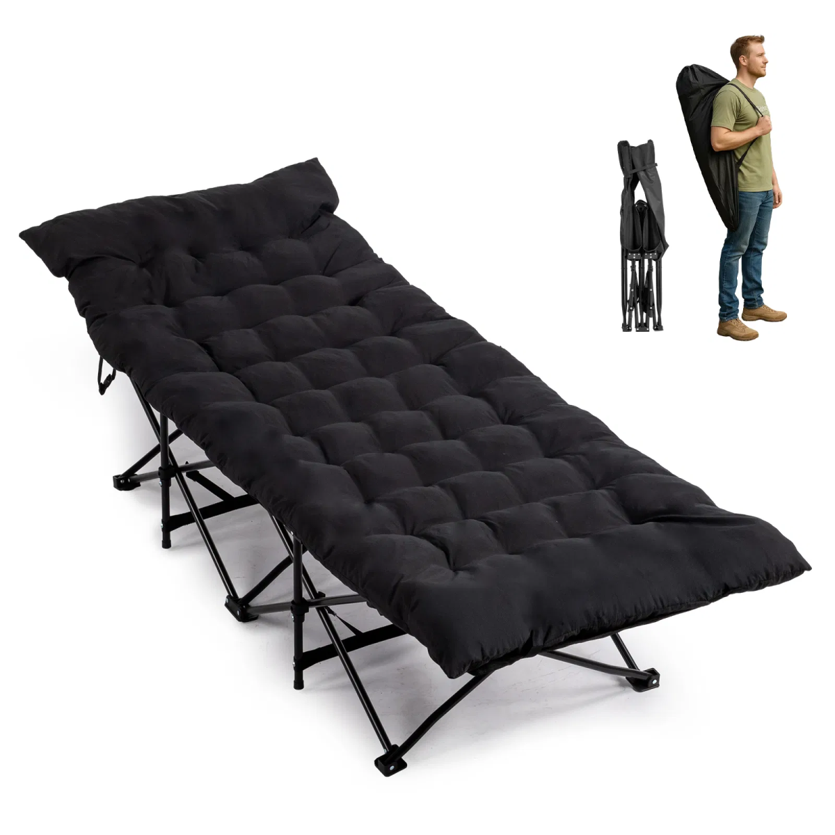 Folding Camping Cot Bed With Soft Pad, Portable Outdoor Cot, Adults Sleeping Bed For Home Office Nap Beach Travel, Black