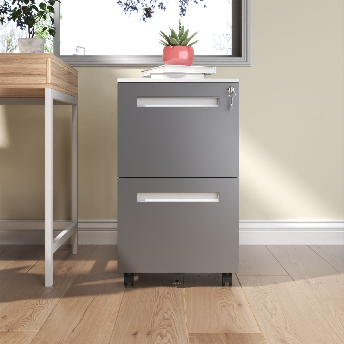 2-Drawer Mobile File Cabinet With Lock, All-Steel Metal Storage Cabinet On 360 Wheels, For Home Office & Commercial Use, Fully Assembled, Holds A4 Letter Legal Files, 110lbs Drawer Capacity