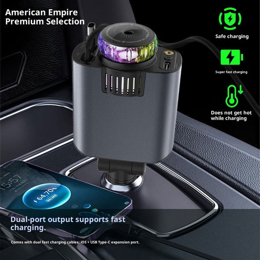 Car Charger PD Fast Charging Retractable Cable Quick Charge Cigarette Lighter