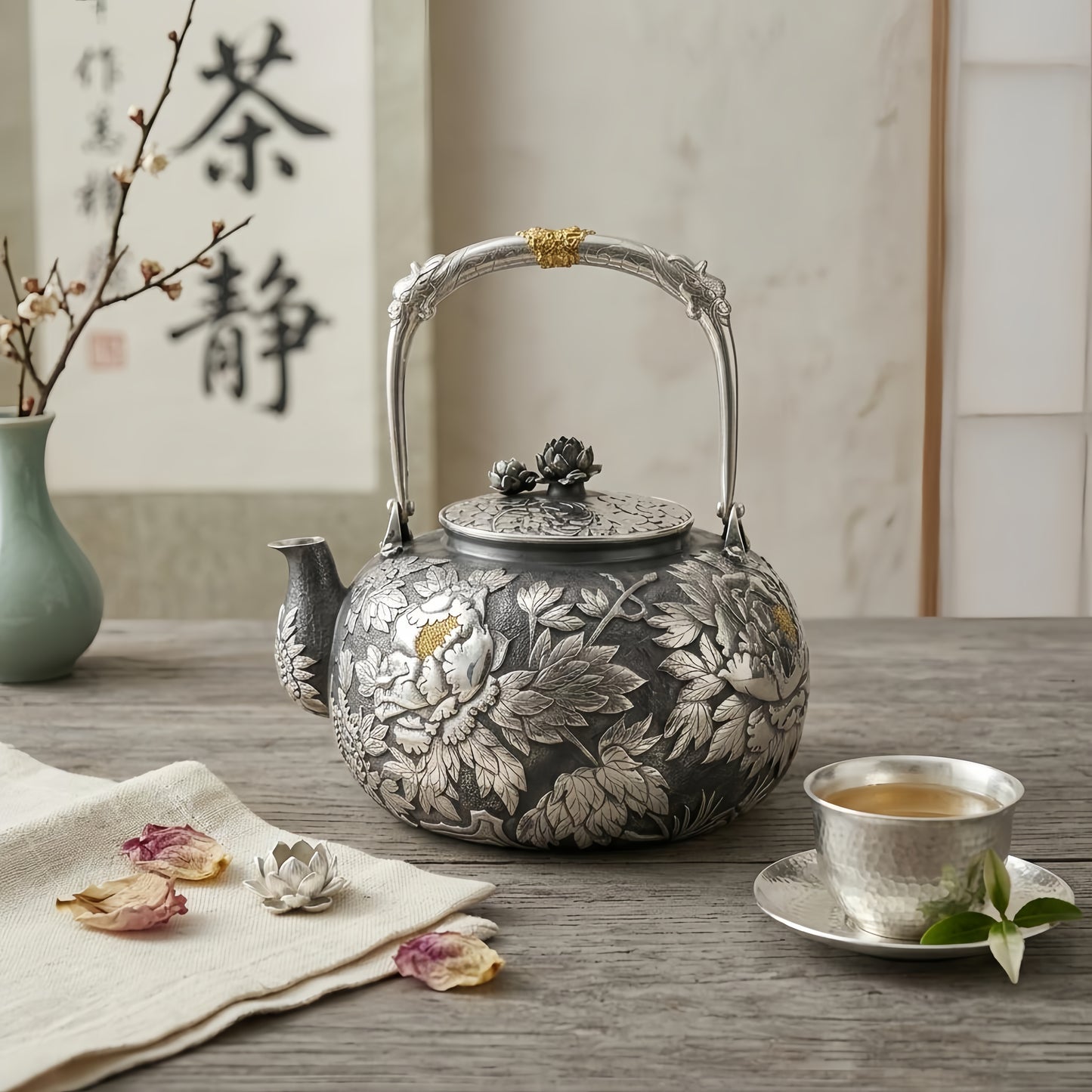 Pure 999 Fine Silver Elegant Hand-Carved Silver Tea Kettle Featuring Intricate Peony Blossoms and Ornate Arched Handle - Handicraft