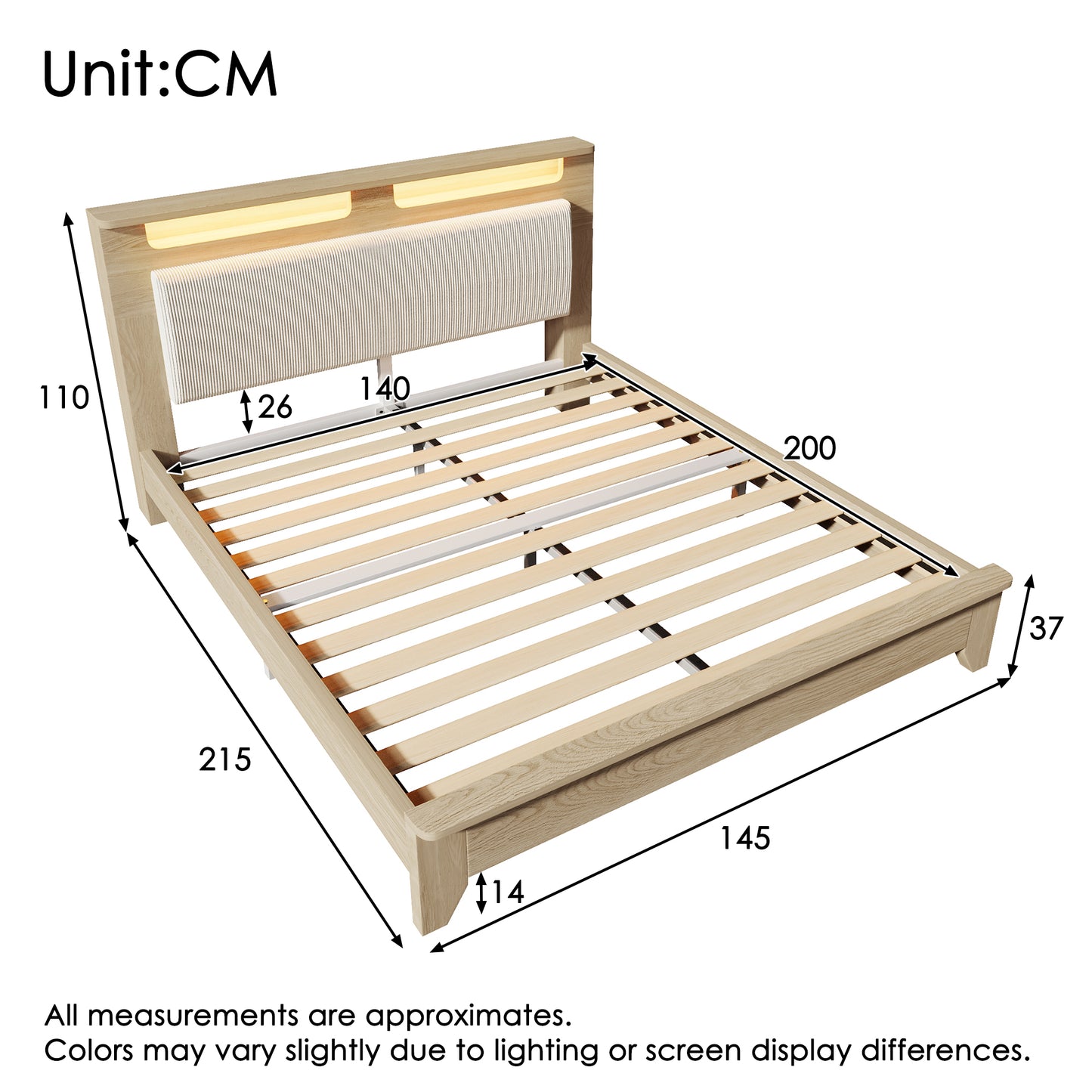 Double Bed Wooden Bed 140X200cm, Headboard With Storage Space, LED Lighting And Beige Corduroy Upholstered Backrest, Bed Frame With Wooden Slats, Light Oak  Without Mattress & Bed Bench