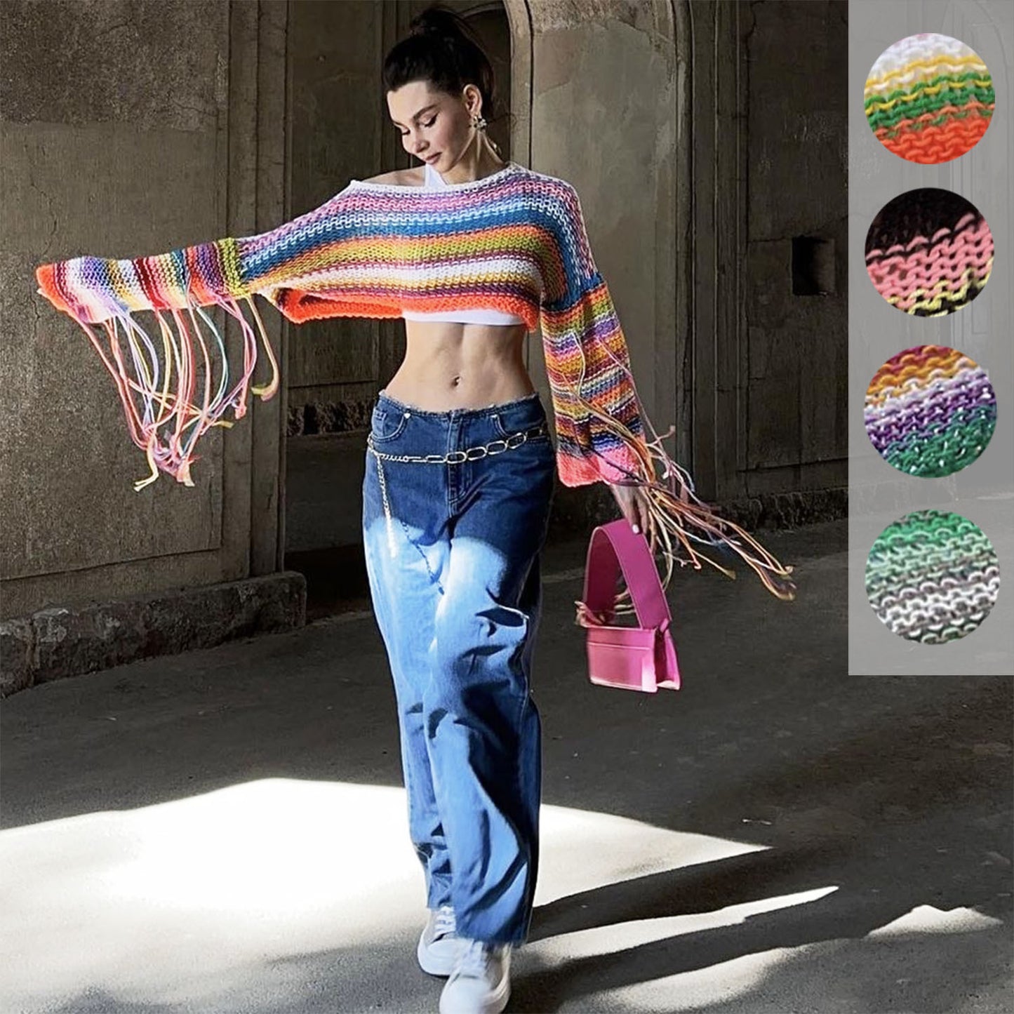 Best Selling Women's Clothes Rainbow Tassel Vacation Style Loose Sweater